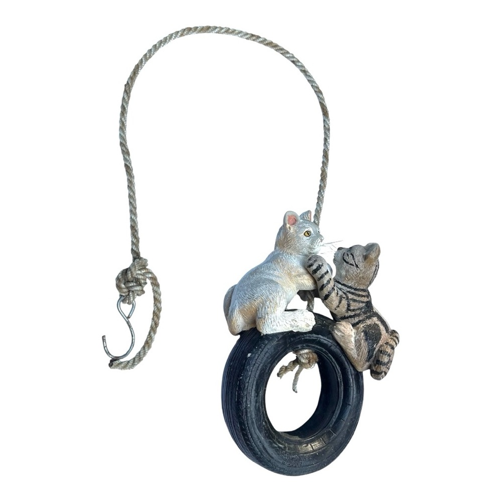 Vintage Whimsical Cat Figurines on Tire Swing outdoor decor tree hanger/feeder